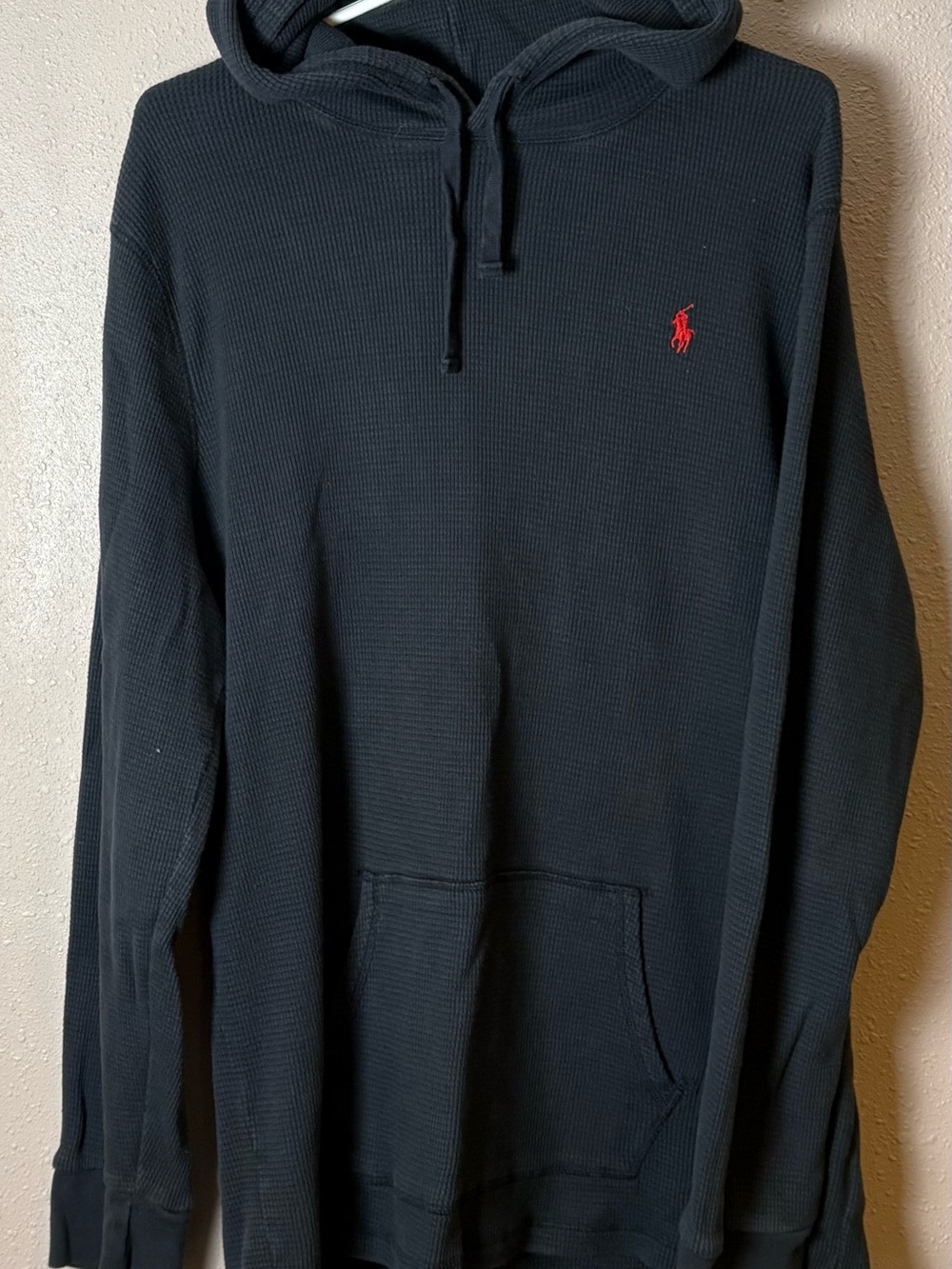 Polo by Ralph Lauren Black Men's Waffle Knit Hoodie with Red Pony